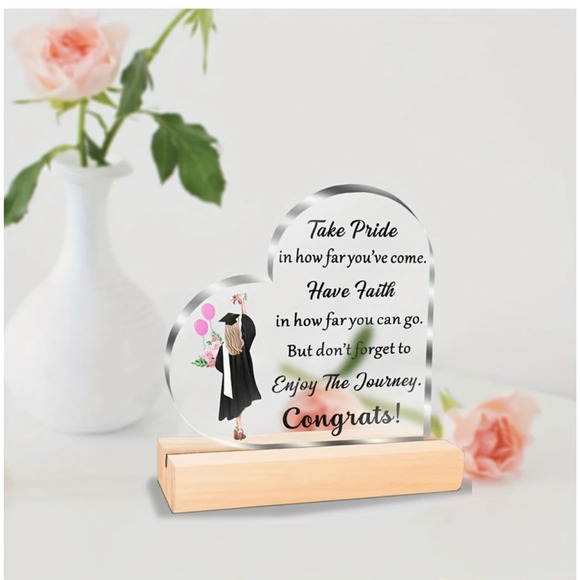 Acrylic Graduation Keepsake w/Wooden Base, Inspirational Graduation Gift for Her - Picture 2 of 6